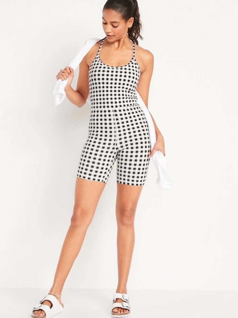OLD NAVY Power Chill Black White Gingham Bodysuit Romper Size L - Picture 2 of 15
